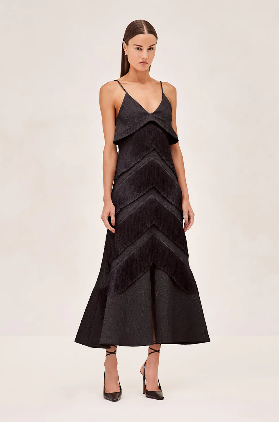 Nadinee Dress by Alexis Black midi dress with fringe trim